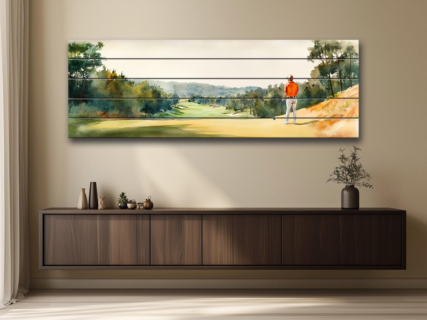 Golf Player Wall Art – Abstract Sports Painting on Natural Wood Print