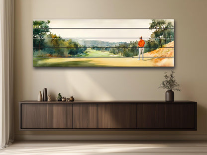 Golf Player Wall Art – Abstract Sports Painting on Natural Wood Print