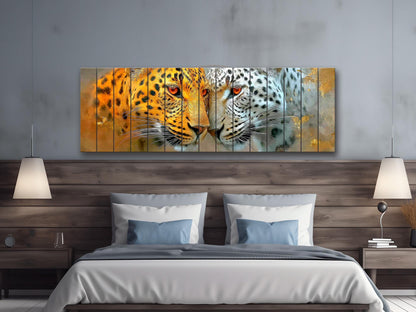 Leopard Couple Print on Natural Wood, Majestic Wildlife Romantic Wall Art