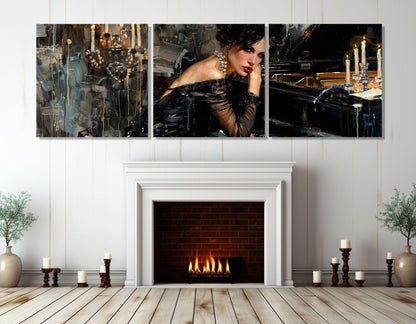Elegant Woman Painting Canvas Print, Sexy Woman in Black Dress Playing Piano Canvas Print in Giovanni Boldini Style, Ready to Hang