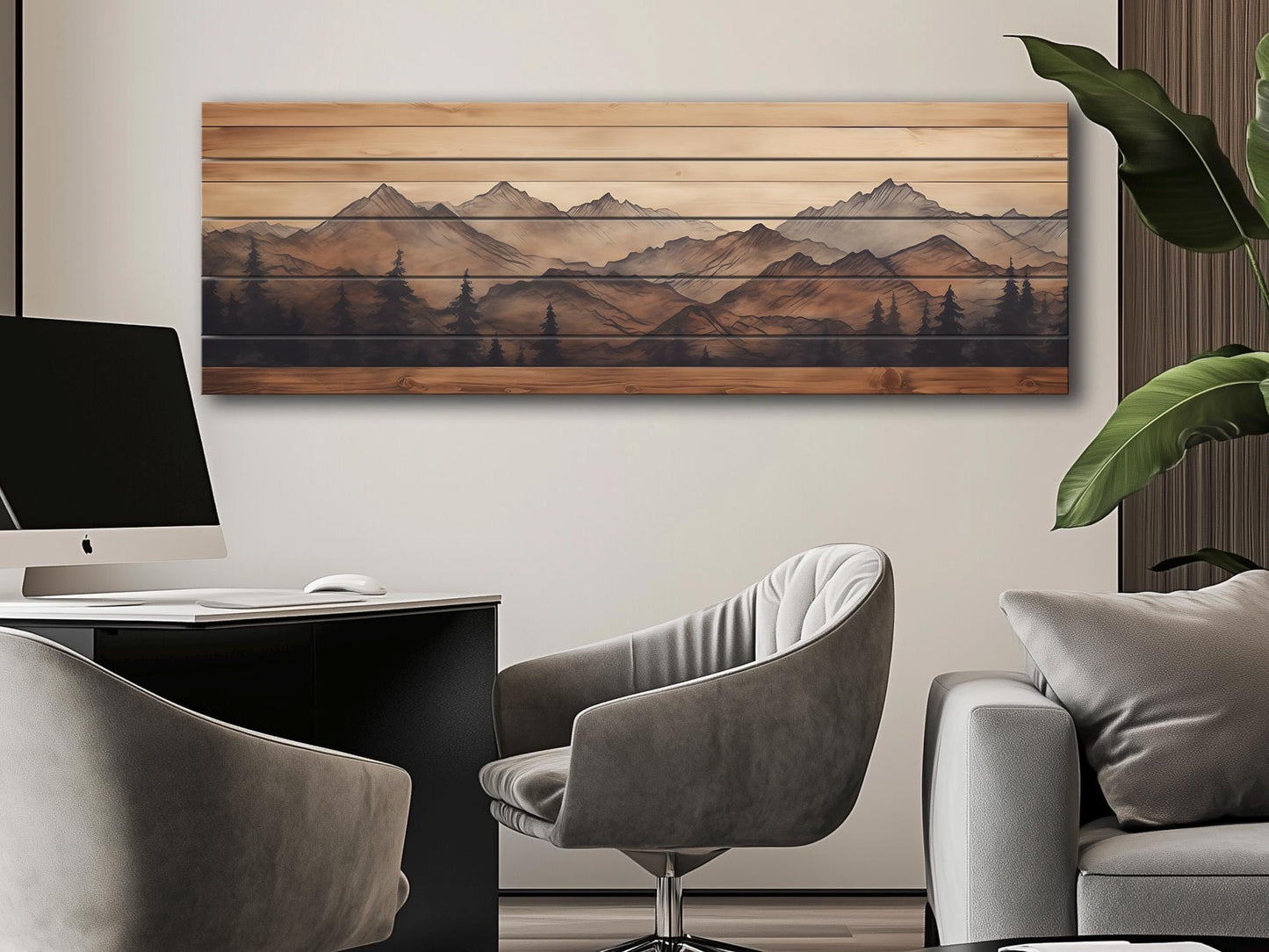 Rustic Wood Wall Art – Panoramic Mountain Art Print on Natural Wood Planks