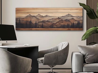 Rustic Wood Wall Art – Panoramic Mountain Art Print on Natural Wood Planks