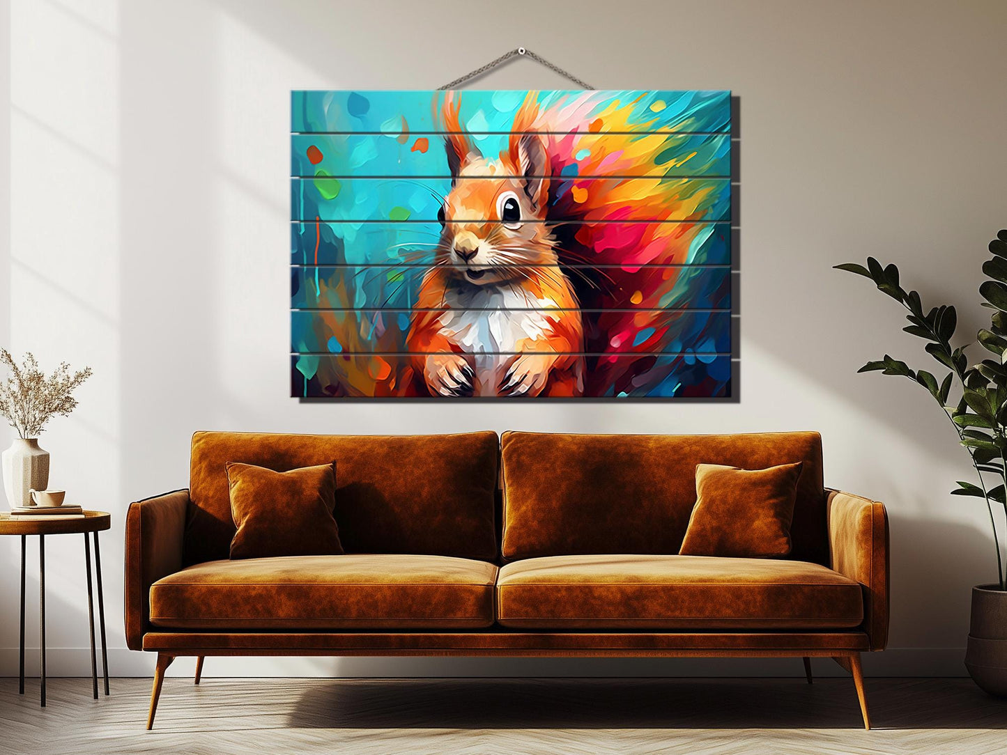 Wood Wall Art - Colorful Squirrel Abstract Painting on Natural Wood Planks