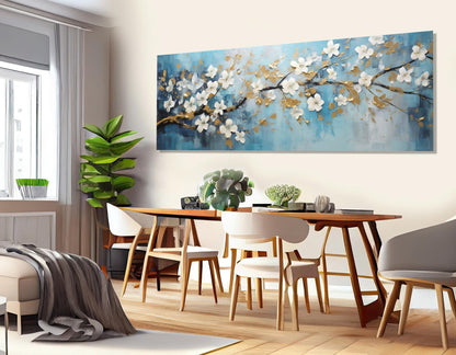 Floral Canvas Art – Soft Blue Wall Art With White Gold Flowers | Ready to Hang