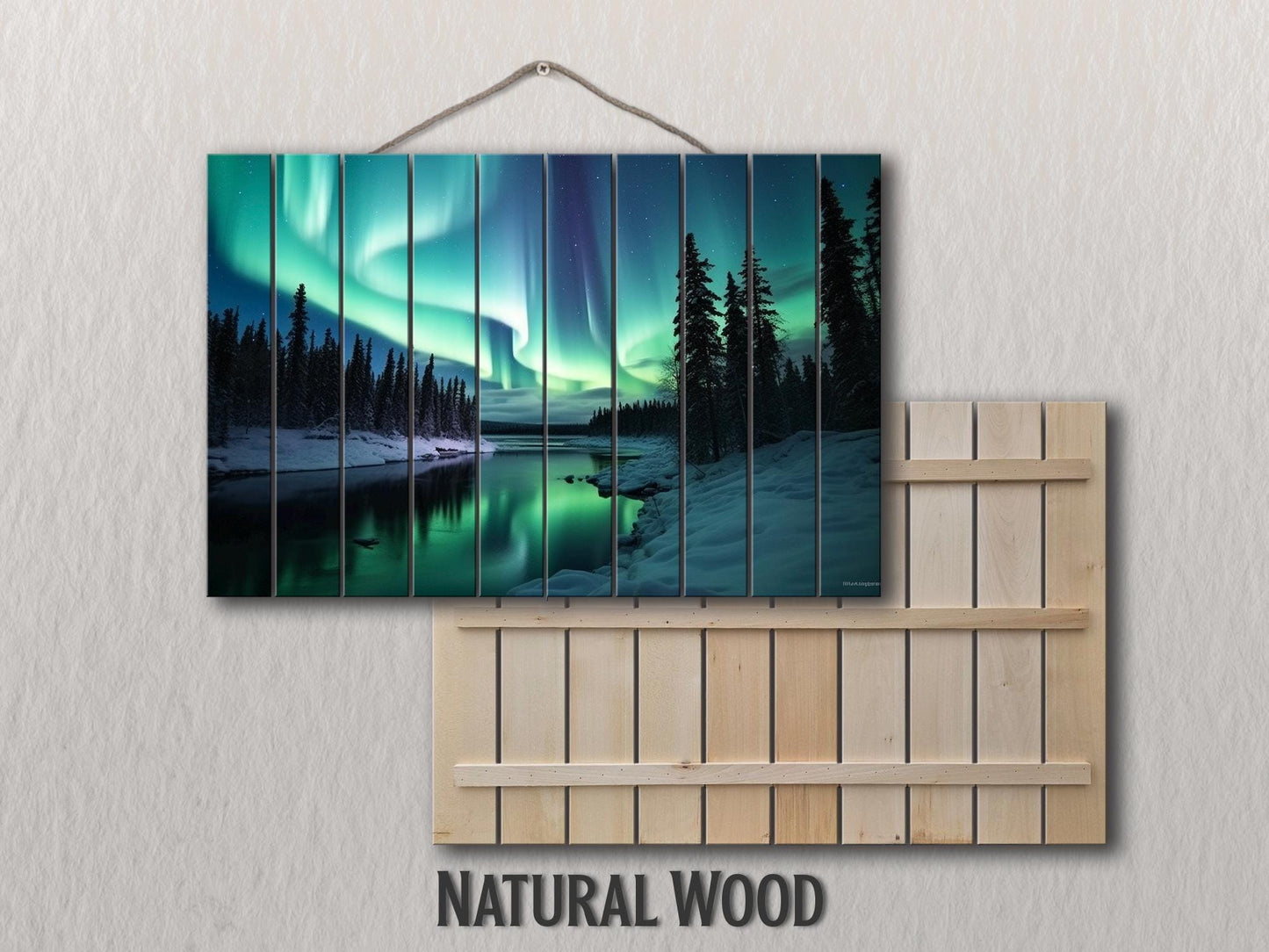 Northern Lights Wall Art – Wooden Wall Decor with Aurora Borealis Landscape