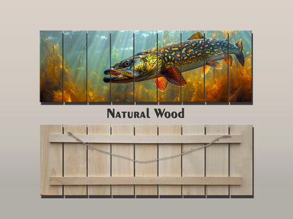 Northern Pike Wall Art – Rustic Fishing Wall Decor on Natural Wood Planks
