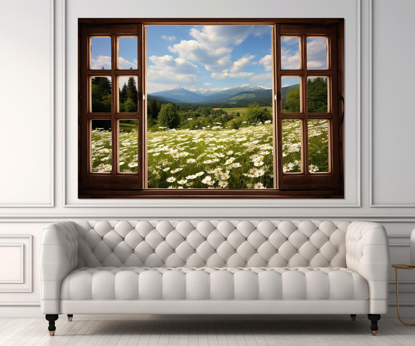 Chamomile Field Canvas – Open Window Faux Window Wall Art, Framed Canvas Print Ready to Hang