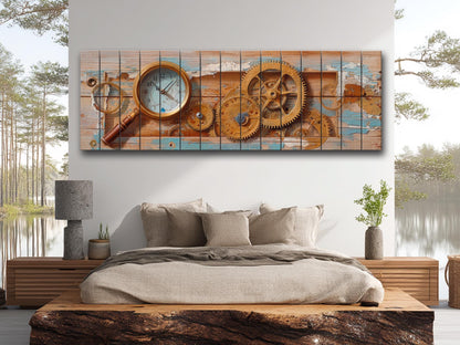 Rustic Steampunk Wall Art – Clockmaker Wood Print With Gears & Magnifier on Wood