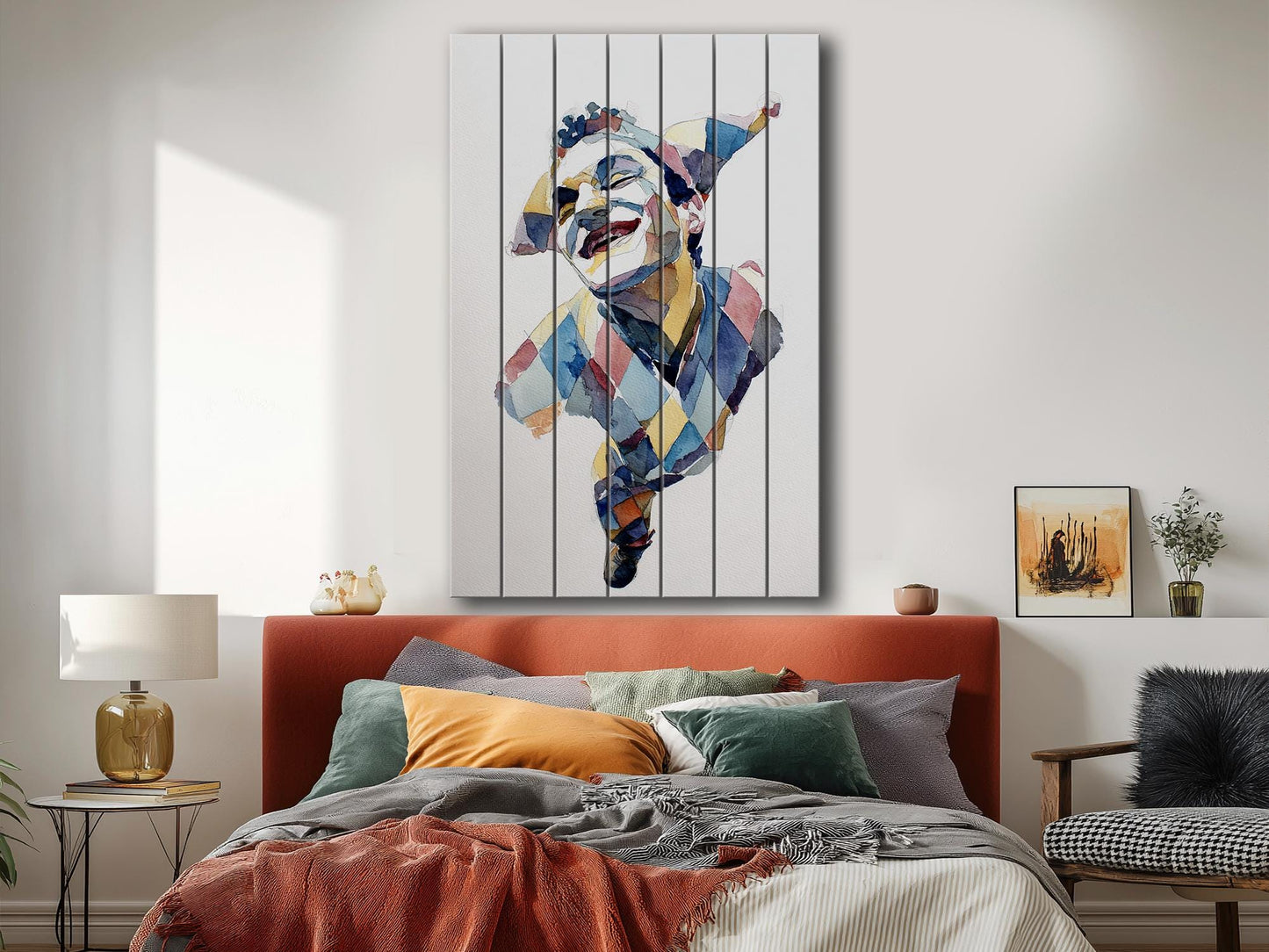 Wooden Wall Art - Rustic Wood Print Jester Watercolor on Natural Wood Plank Painting