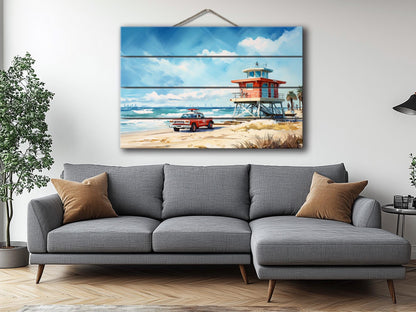 Lifeguard Tower Painting - Natural Wood Wall Art | Scenic Beach Cabin Decor