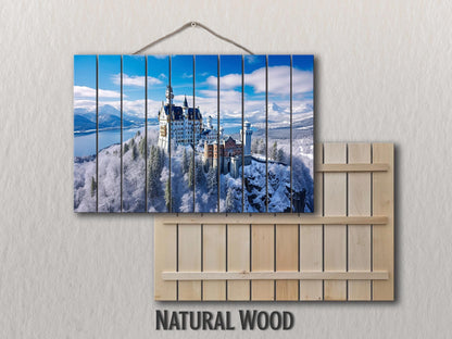 Neuschwanstein Castle Painting – Winter Castle Wall Art on Natural Wood Planks