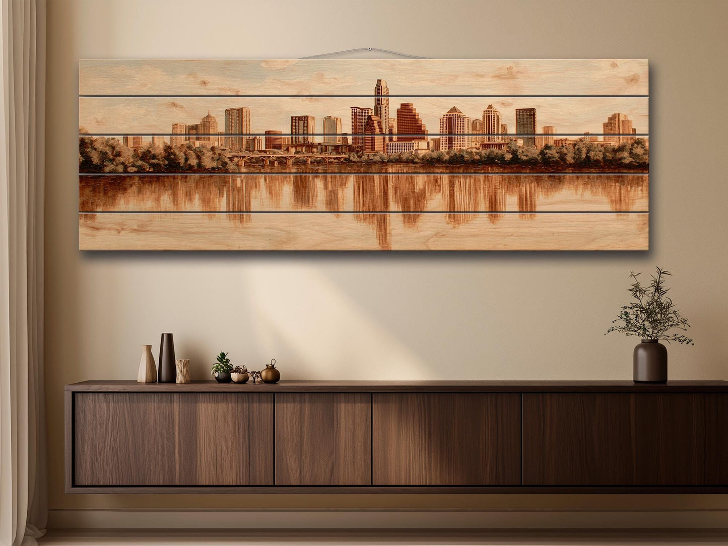 Austin Skyline Wood Print – Rustic Wood Art | Beige Wall Art, River Reflections Painting