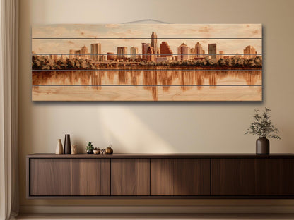 Austin Skyline Wood Print – Rustic Wood Art | Beige Wall Art, River Reflections Painting