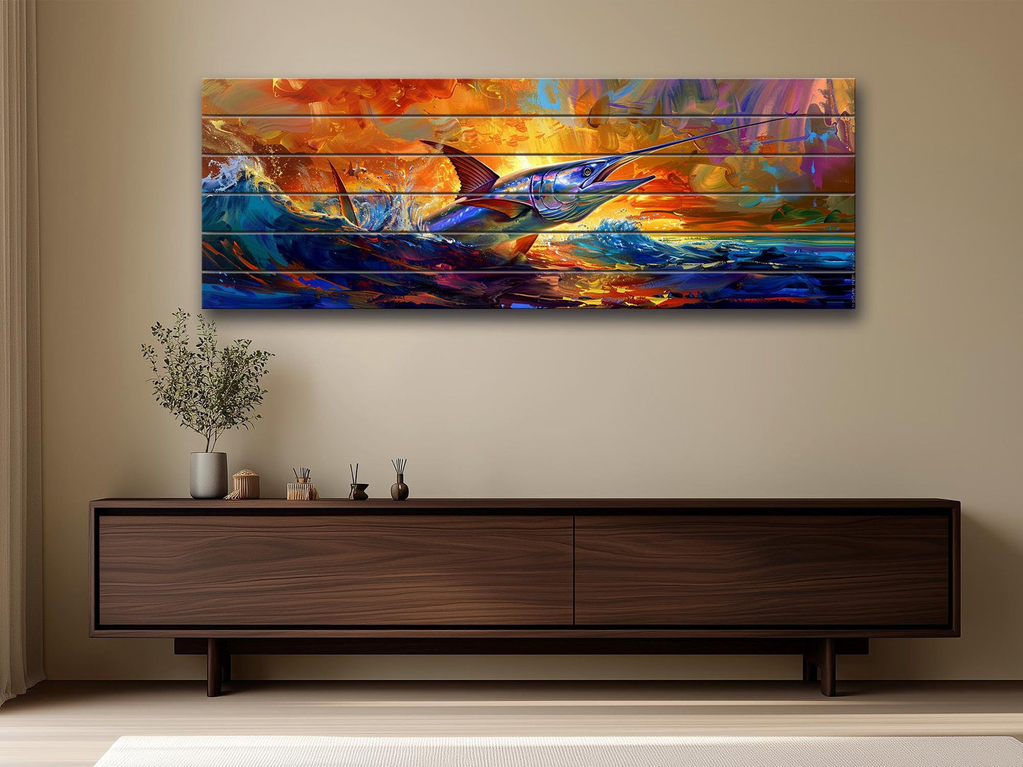 Fishing Wall Art – Colorful Marlin Print on Natural Wood Artwork with UV Fade Resistant Print