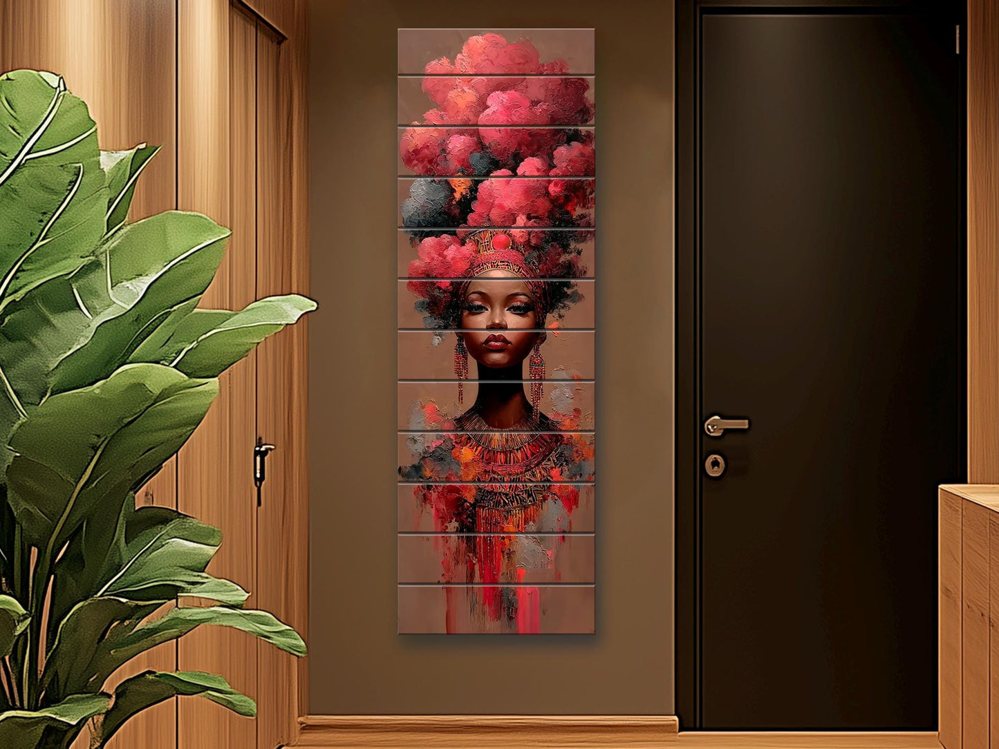 African Woman Wood Print – Tribal Wall Art With Red Cloud Headdress, Ready to Hang