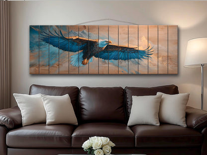 Majestic Eagle Soaring Over Mountain Peaks Print on Natural Wood, Eagle Painting, Birds Wall Art, Rustic Eagle Wood Wall Art, Eagle Print