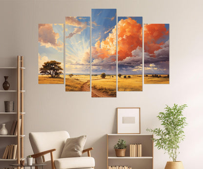 Rustic Landscape Canvas Print – Scenic Field Painting with Golden Autumn Decor