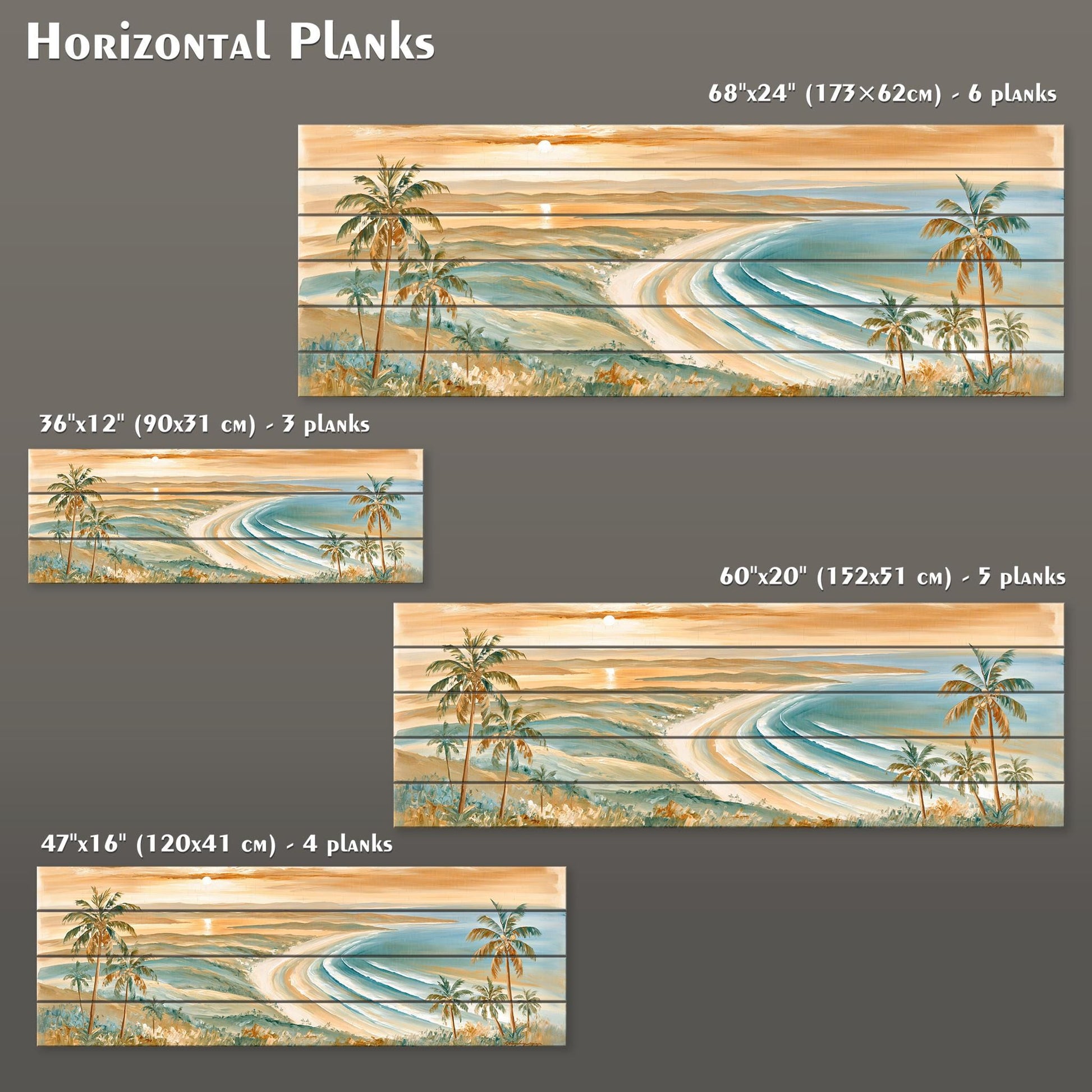 four different horizontal planks of artwork depicting a tropical beach scene with palm trees, a sunset, and ocean waves.
