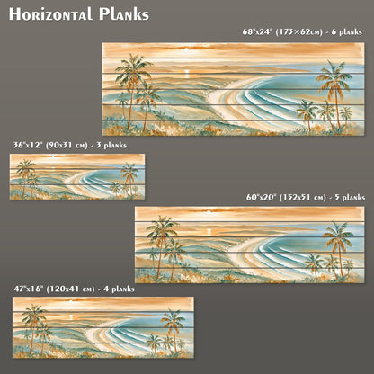 four different horizontal planks of artwork depicting a tropical beach scene with palm trees, a sunset, and ocean waves.