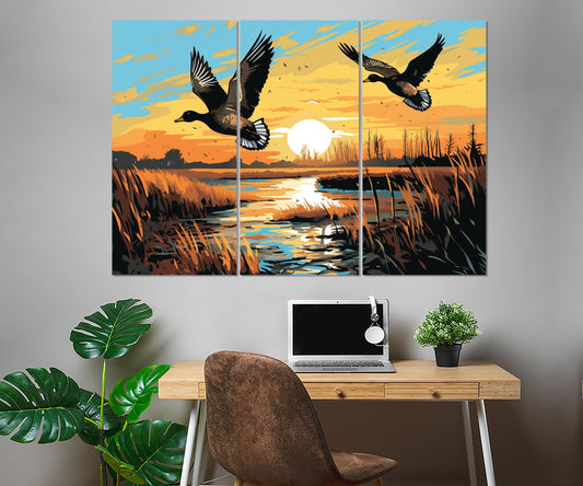 Ducks Canvas Print - Framed Wildlife Wall Art | Lake Sunset Art Ready to Hang