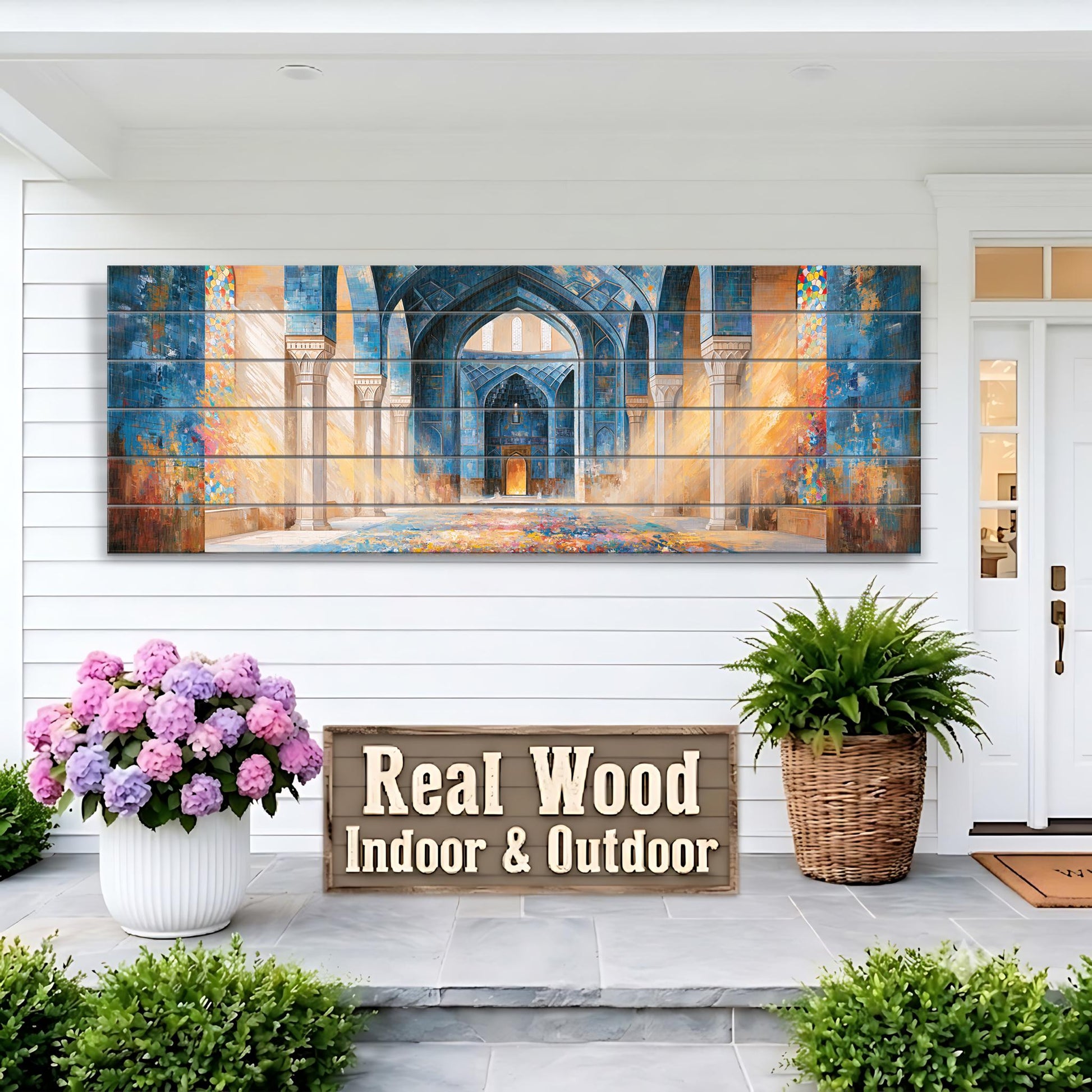 a large wooden sign that reads "Real Wood Indoor & Outdoor" in front of a white house with a large painting of an ornate building on the wall. The house has a white door and a window, and there are two potted plants on the porch.
