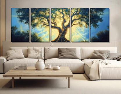 Abstract Glowing Tree Canvas Print, Fantasy Tree Painting, Meditation Wall Art, Large Tree in Sun Lights Poster, Framed and Ready to Hang
