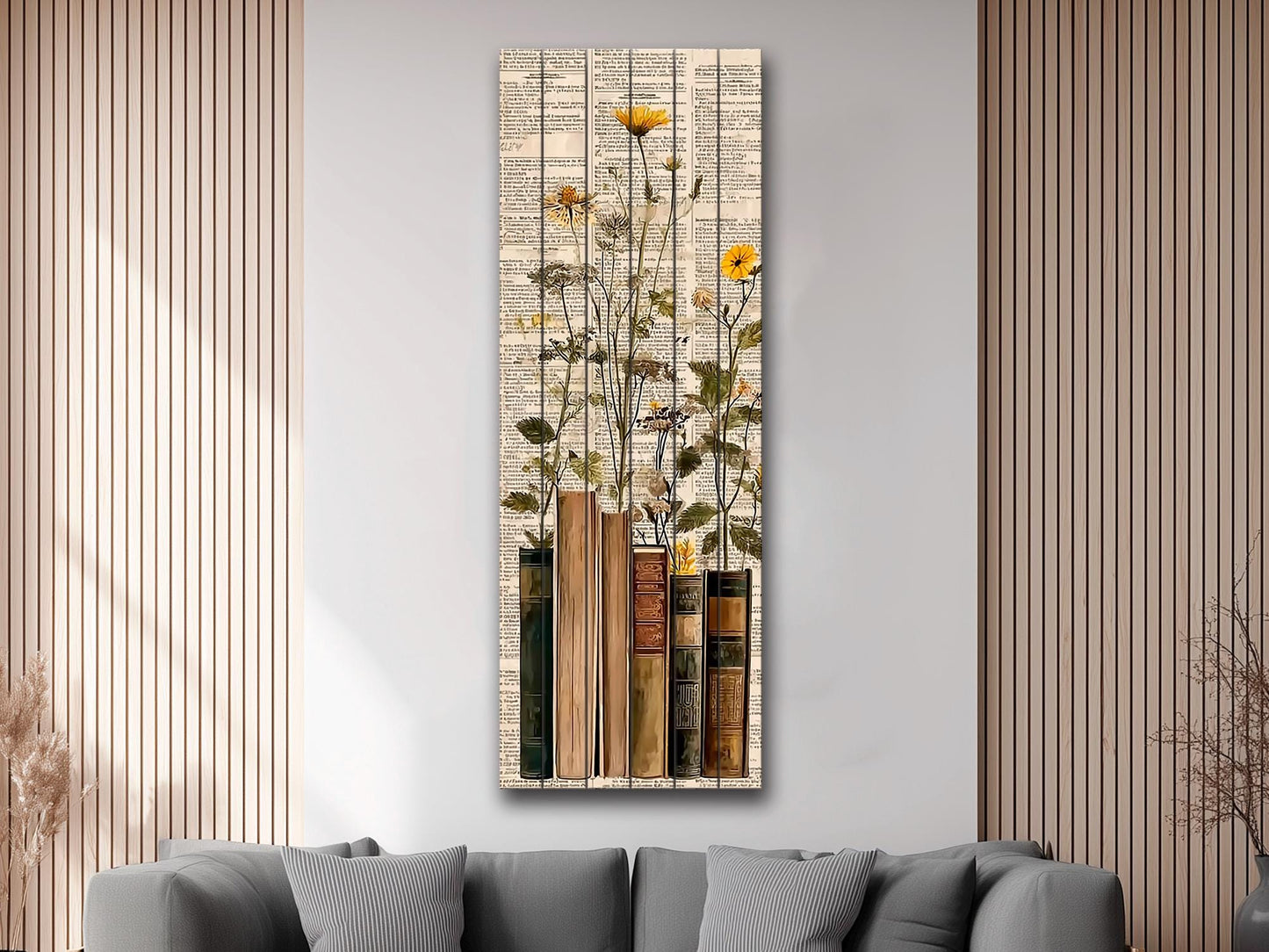 Wildflowers Wood Print – Rustic Botanical Wall Art on Natural Wood Grain