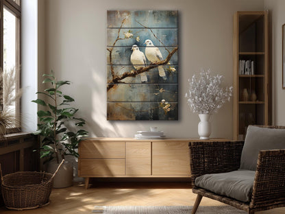 Romantic Wood Wall Art | Rustic Love Artwork Featuring Two White Pigeons on UV Printed Wood