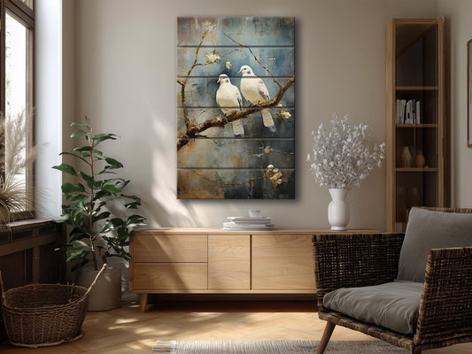 Romantic Wood Wall Art | Rustic Love Artwork Featuring Two White Pigeons on UV Printed Wood