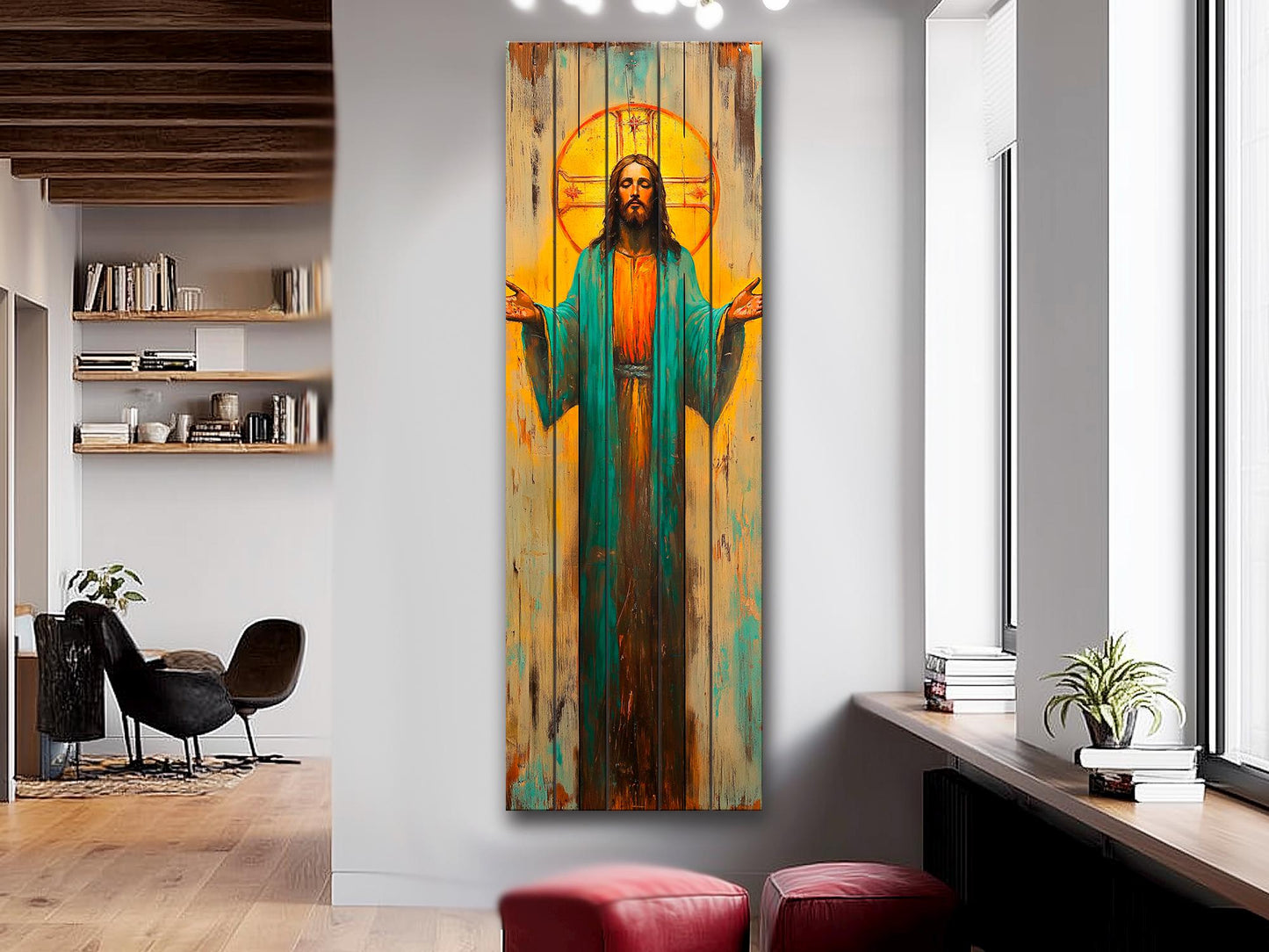 Jesus Christ with Open Arms Painting on Natural Wood – Rustic Religious Print, Christian Wall Decor, Biblical Wall Art, Church Wall Decor