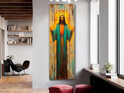 Jesus Christ with Open Arms Painting on Natural Wood – Rustic Religious Print, Christian Wall Decor, Biblical Wall Art, Church Wall Decor