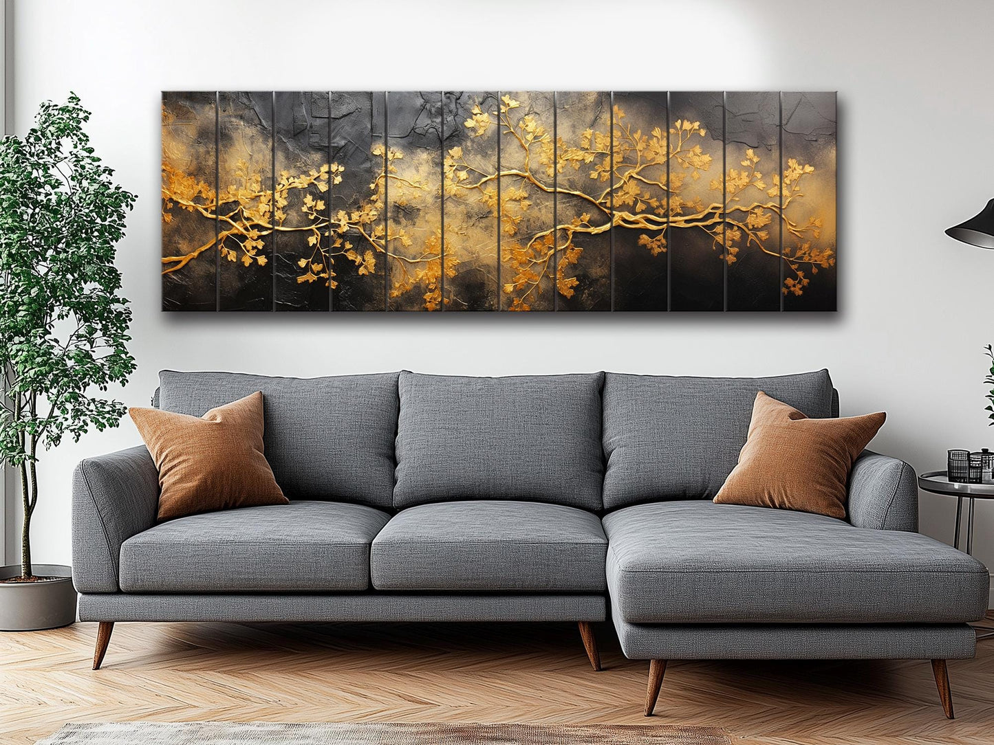 Wooden Wall Art – Gold Tree Branches Print on Natural Wood | Abstract Black & Gold Decor