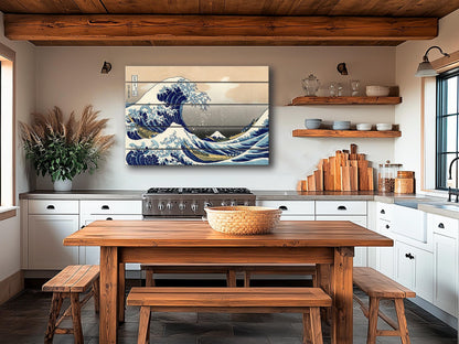 Great Wave Wood Print – Japanese Wall Art | Abstract Sea Waves Wooden Plank Art