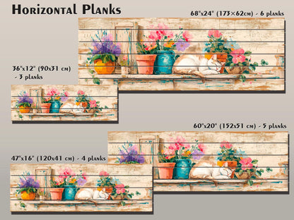 Wood Wall Art – Cozy Sleeping Cat Painting on Natural Wood Plank | Rustic Floral Decor