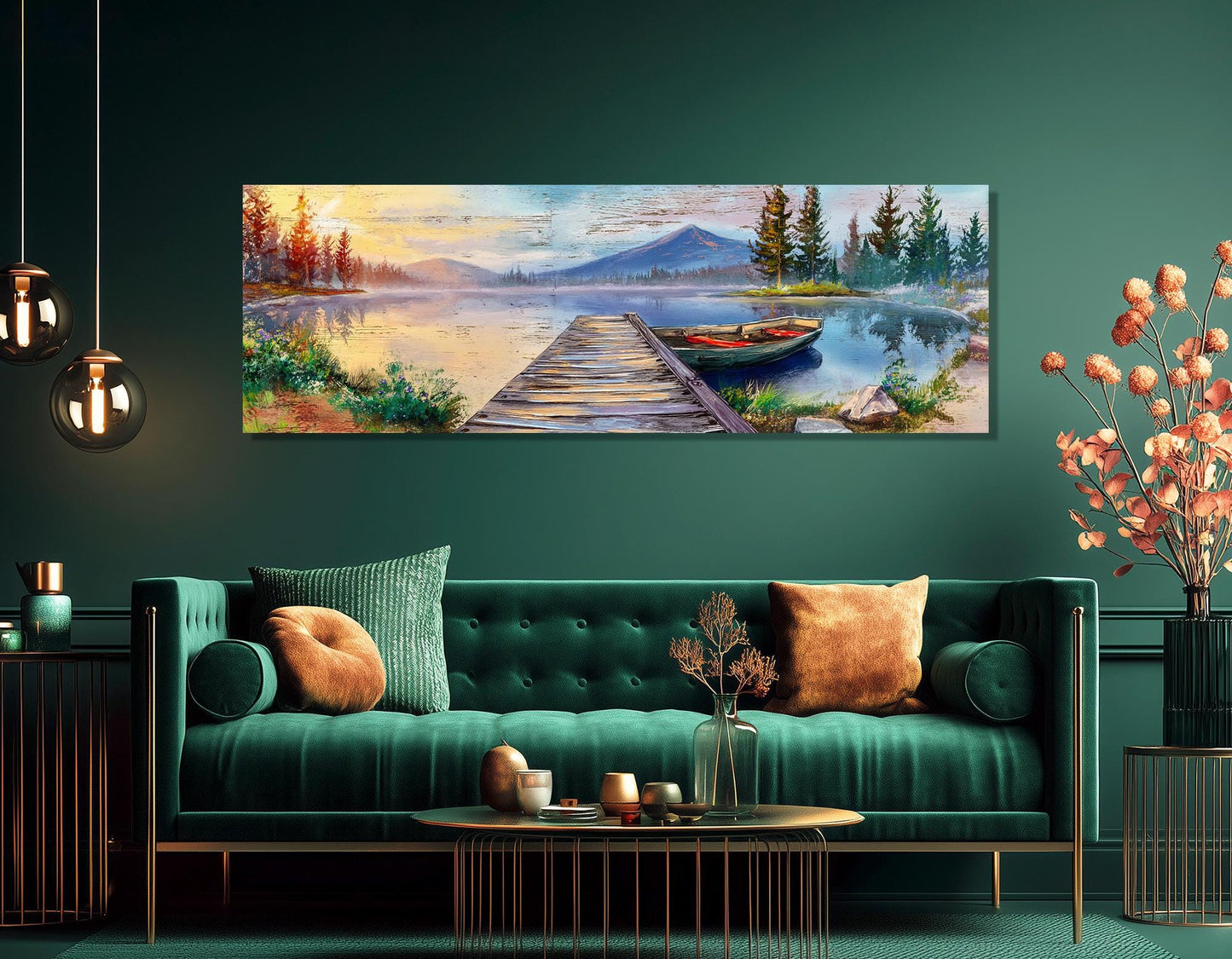 Lake Pier Canvas Print, Mountain Lake and Fishing Boat Painting, Framed & Ready to Hang