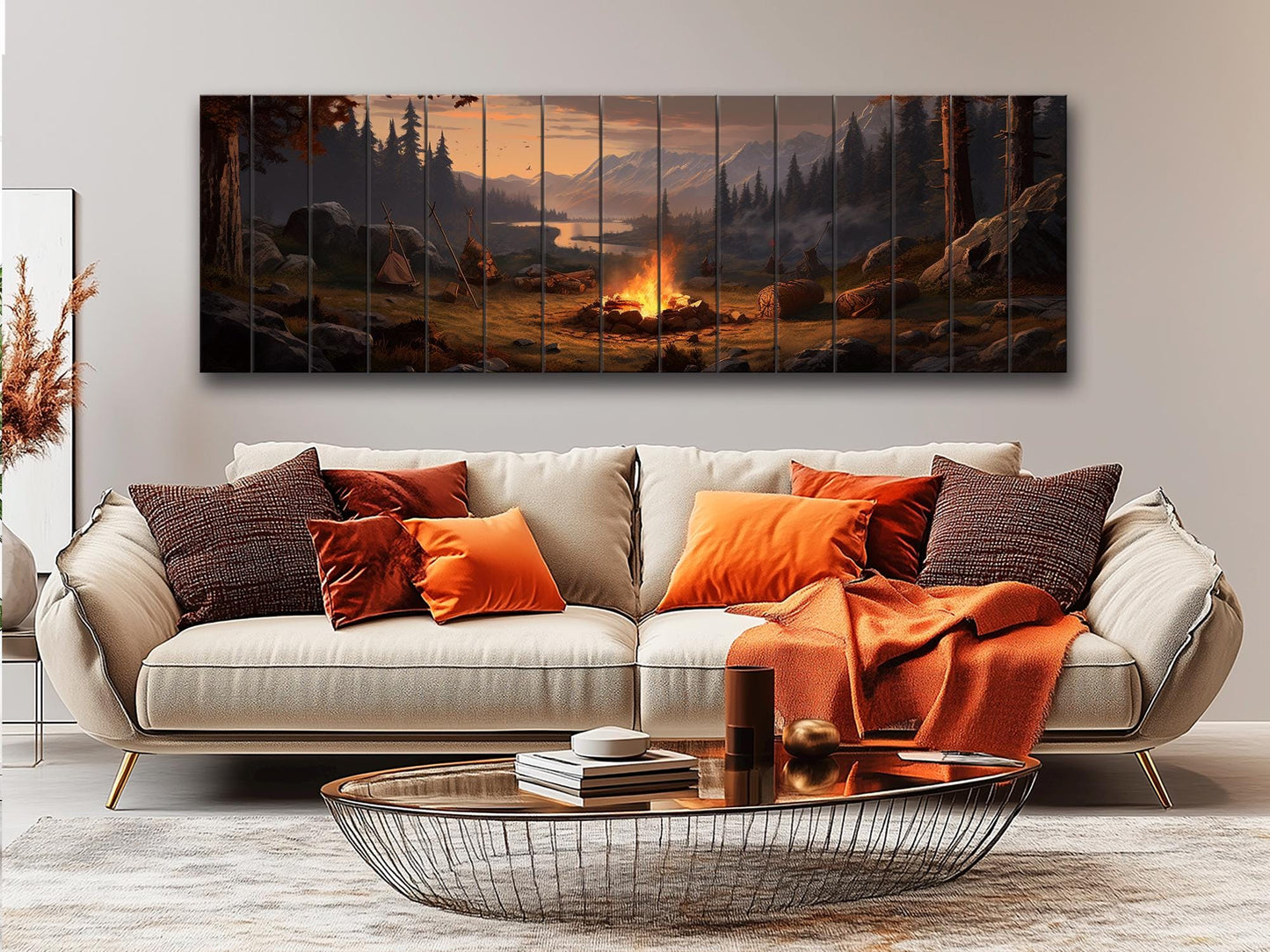 Rustic Wood Wall Art – Bonfire Forest Print on Natural Wood Plank Art