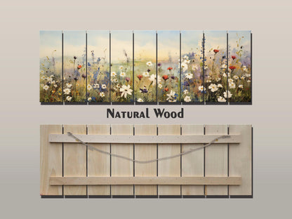 Whimsical Field of Wild Flowers Printed On Natural Wood - Rustic Wall Art