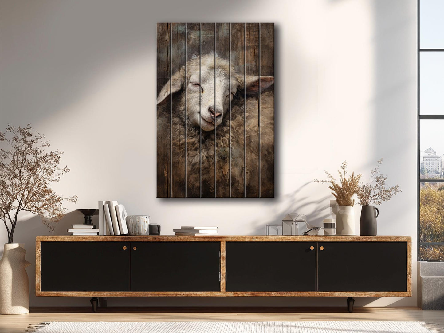 Sheep Sleeping Print on Natural Wood – Religious Wall Art
