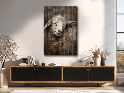 Sheep Sleeping Print on Natural Wood – Religious Wall Art