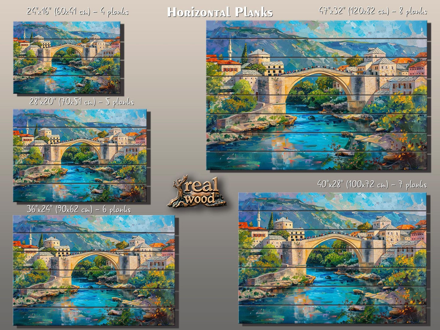 Bosnia Old Bridge Print on Wood, Rustic Mostar Bridge Painting, Bosnia and Herzegovina Wall Art, Bosnia Bridge Wood Print, Wood Wall Art