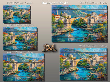 Bosnia Old Bridge Print on Wood, Rustic Mostar Bridge Painting, Bosnia and Herzegovina Wall Art, Bosnia Bridge Wood Print, Wood Wall Art