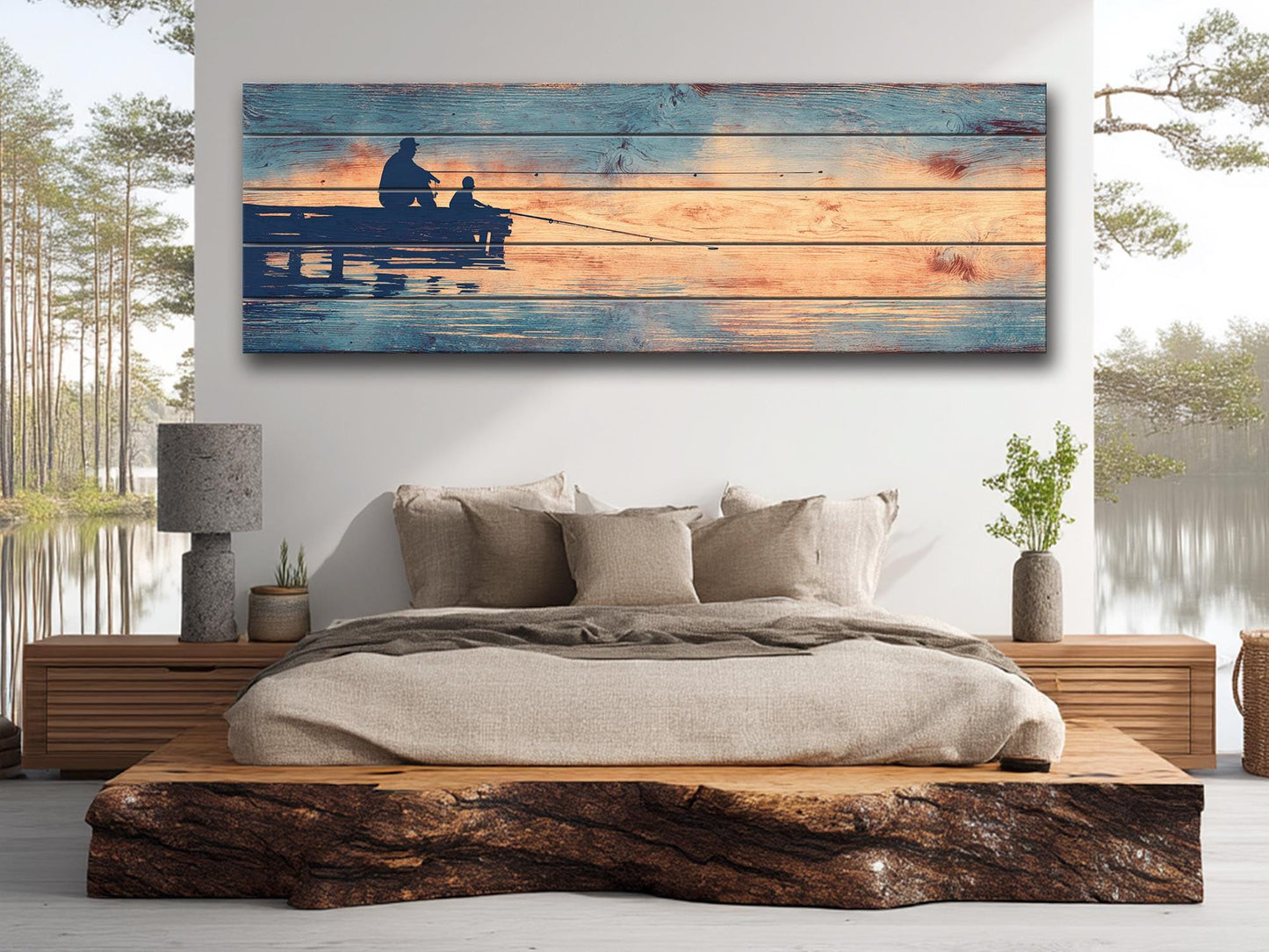 Father Child Fishing Art - Rustic Wooden Wall Art With Lake Dock Scene