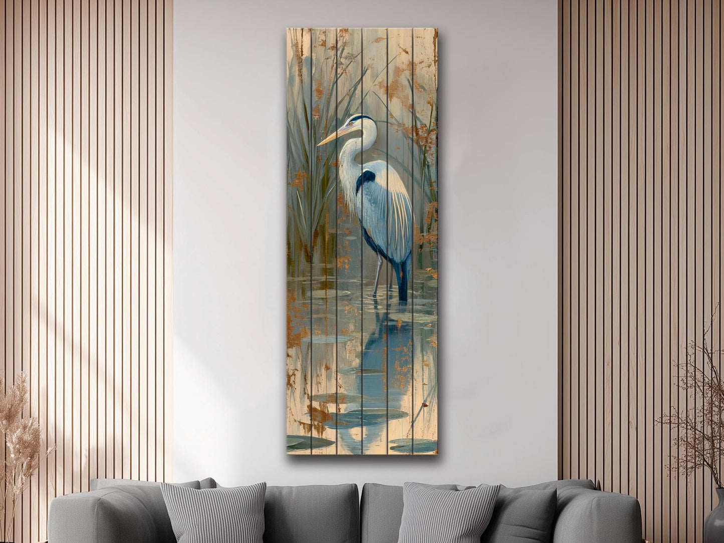 Heron in a Lake Rustic Print on Natural Wood, Cozy Cabin Wall Decor