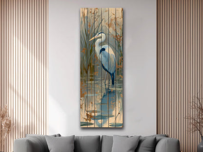 Heron in a Lake Rustic Print on Natural Wood, Cozy Cabin Wall Decor