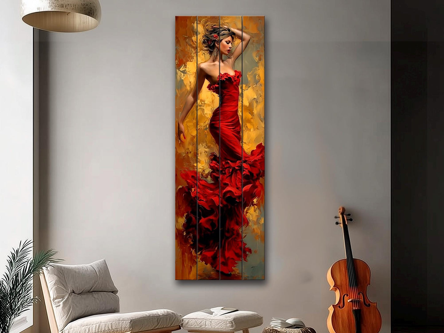 Elegant Woman in Red Dress Print on Wood – Lady in Red Oil Painting Style
