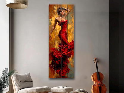 Elegant Woman in Red Dress Print on Wood – Lady in Red Oil Painting Style