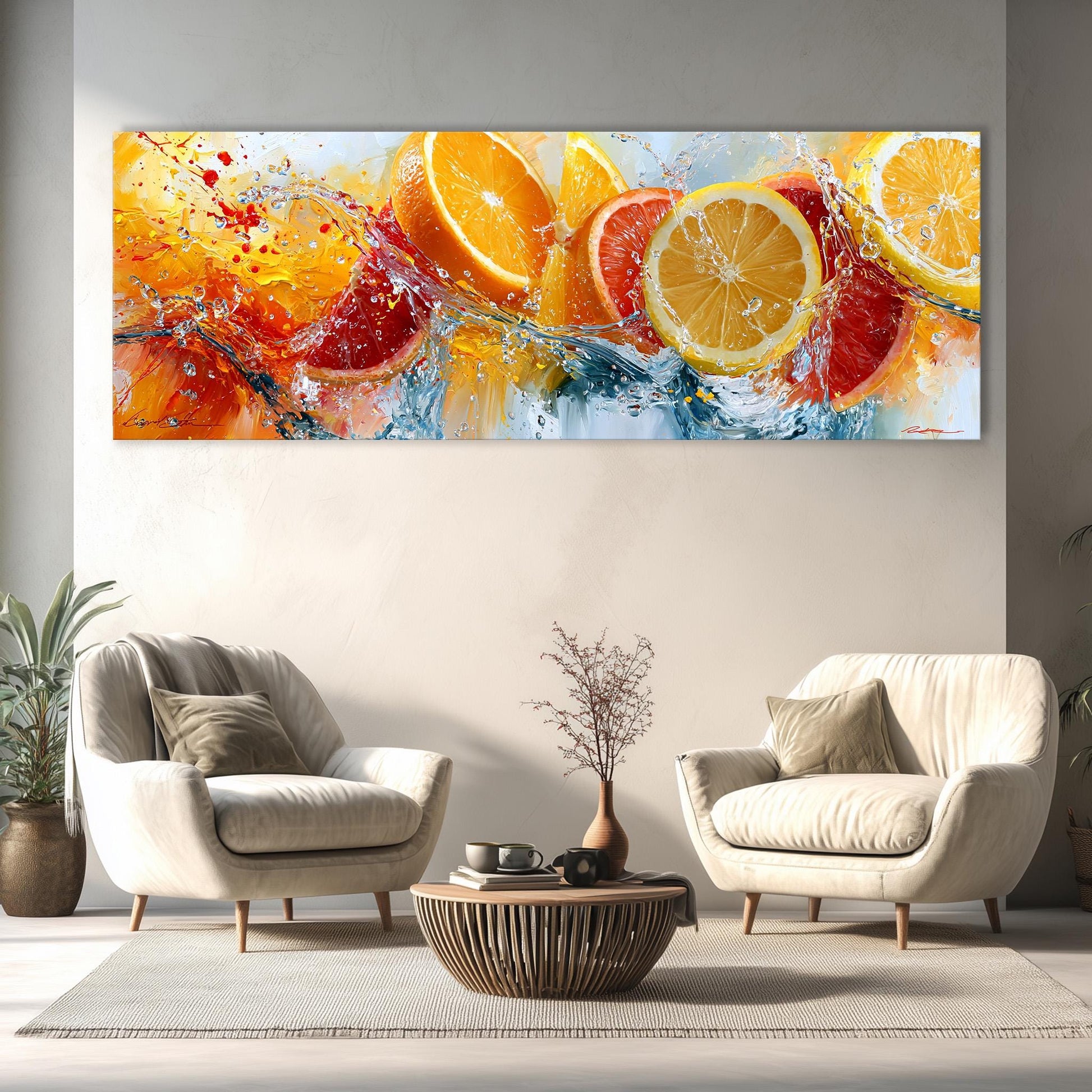 a large, colorful painting of oranges and lemons splashing on a wall, with a coffee table in the foreground between two white armchairs.