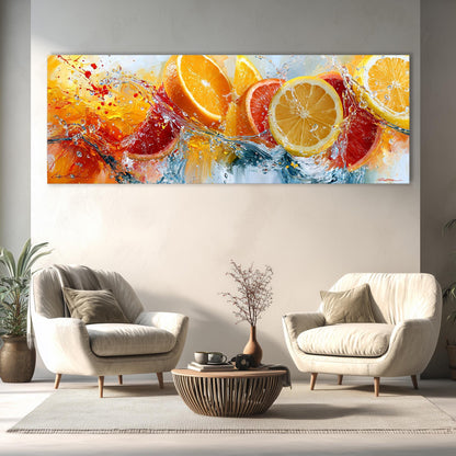 a large, colorful painting of oranges and lemons splashing on a wall, with a coffee table in the foreground between two white armchairs.