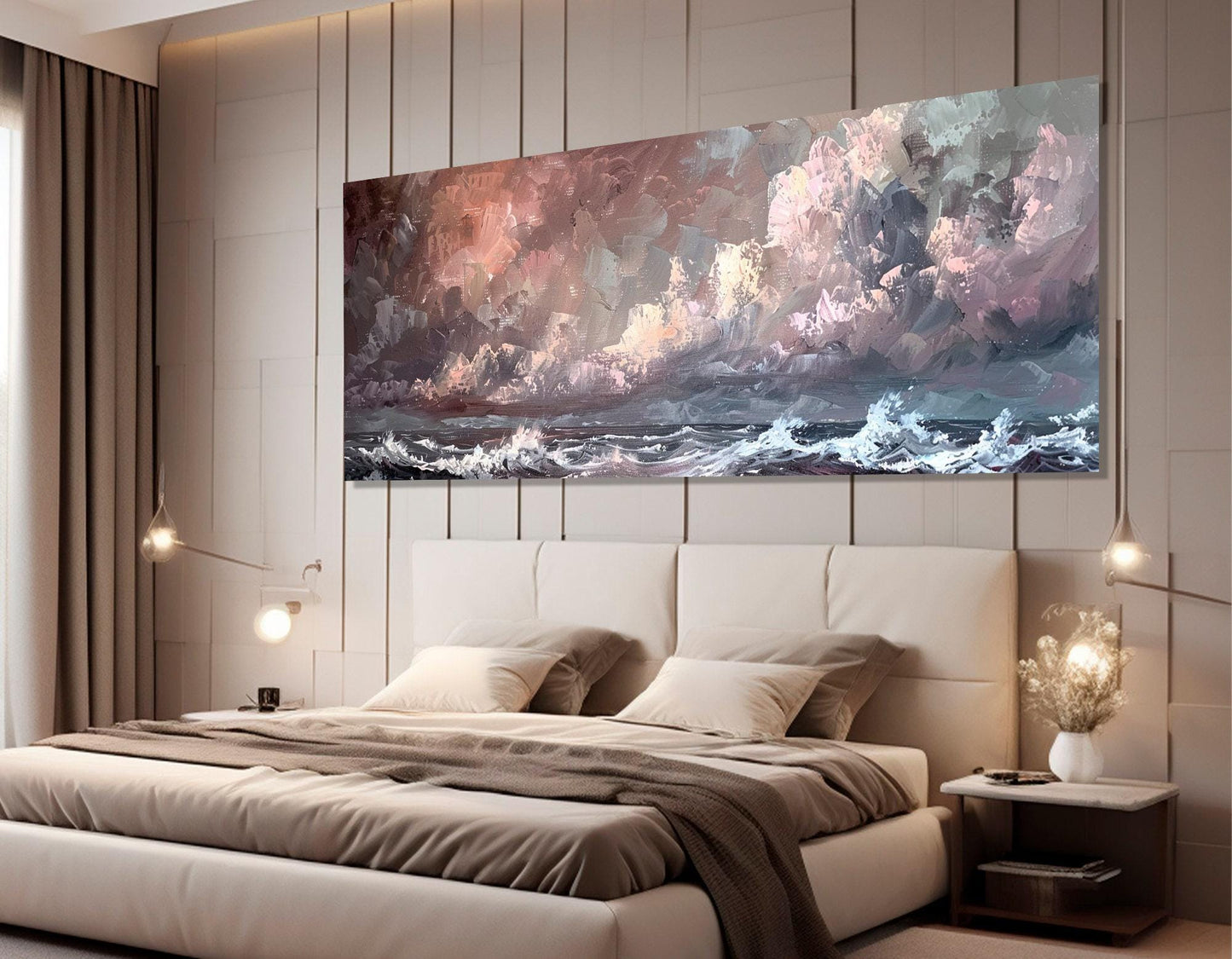 Abstract Canvas Print – Stormy Sea Art with Soft Pink Wall Decor | Ready to Hang