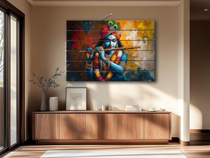 Lord Krishna with Flute Print on Natural Wood, Indian Hindu God Painting, Rustic Indian Wall Art, Lord Krishna Painting, Wood in Interior
